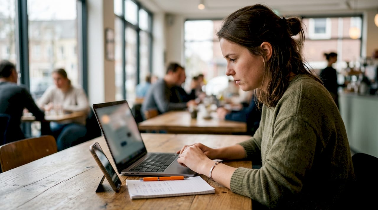 Iemand voert een postcode in op de laptop om deze te controleren.
