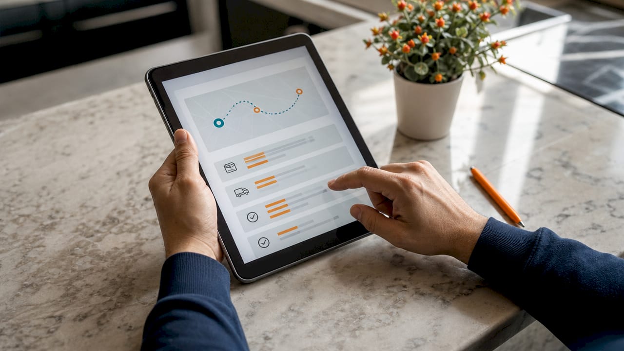 Iemand werkt met een tablet op het logistieke kantoor