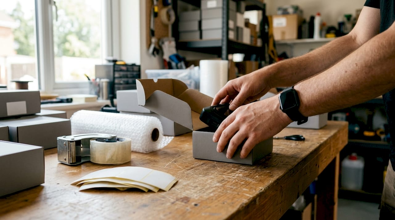 Met zorg worden elektronische apparaten opnieuw ingepakt voor verzending.