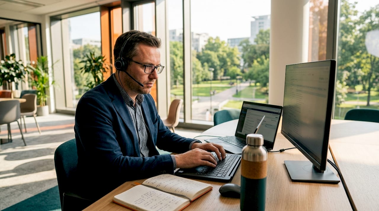 Man houdt klantgegevens bij met headset en computer