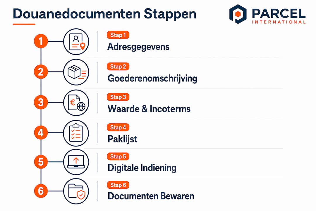 Overzichtelijke infographic die stap voor stap het traject van douanedocumenten uitlegt