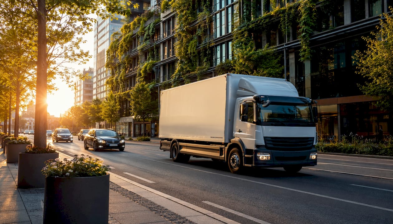 Een hybride vrachtwagen rijdt over een groene, landelijke weg aan de rand van de stad.