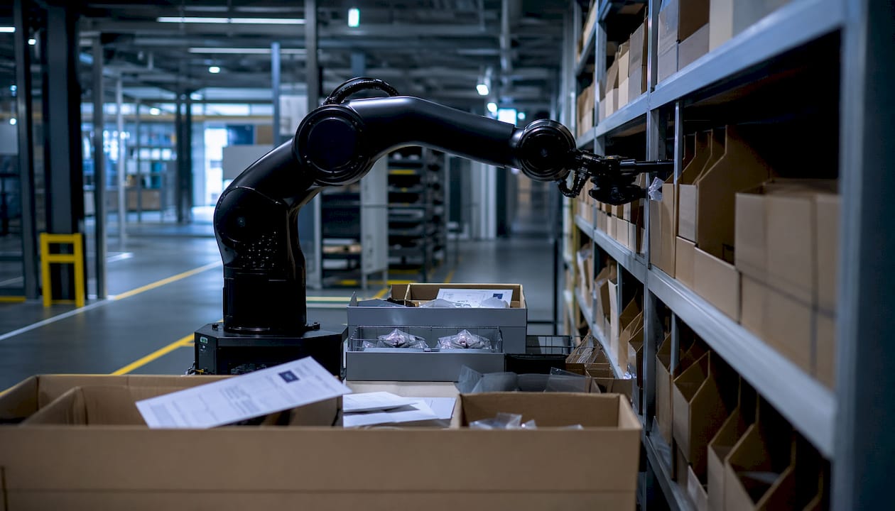 Een robotarm haalt automatisch producten uit het magazijn.