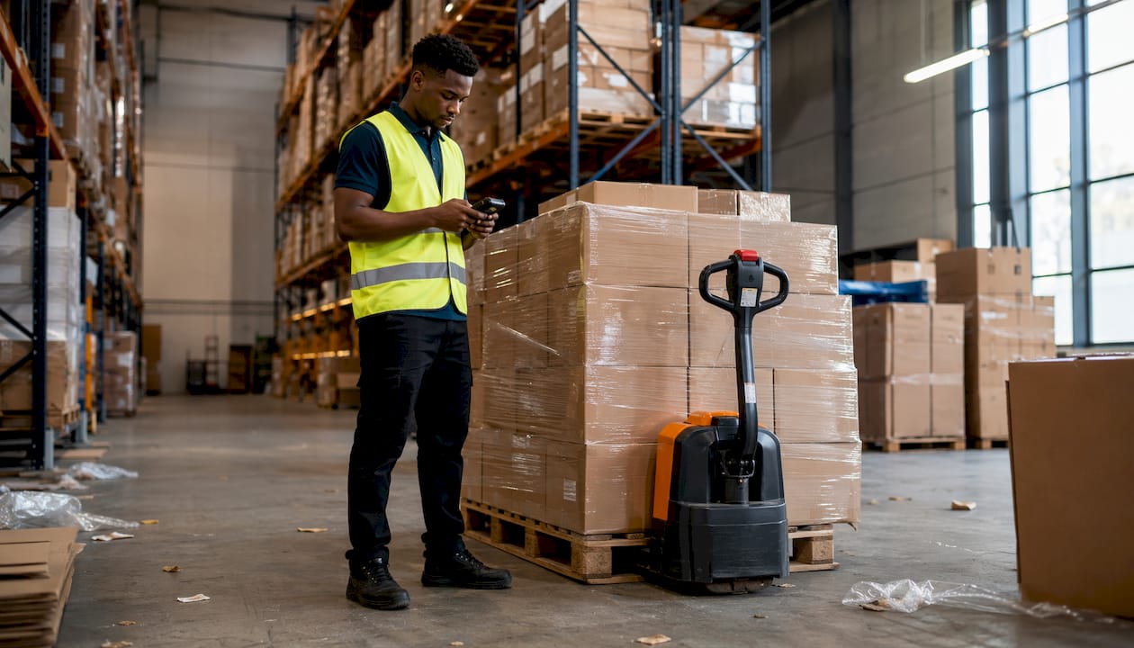 Een magazijnmedewerker scant producten om ze in het systeem te verwerken.