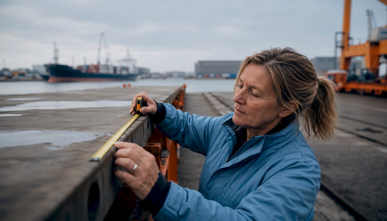 Met de hand de afmetingen van een zeecontainer op het dock opmeten