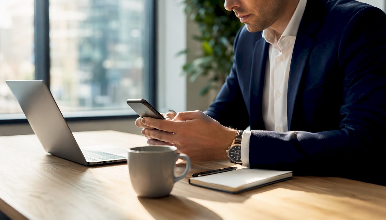 Ondernemer bekijkt de status van zijn zending op zijn smartphone