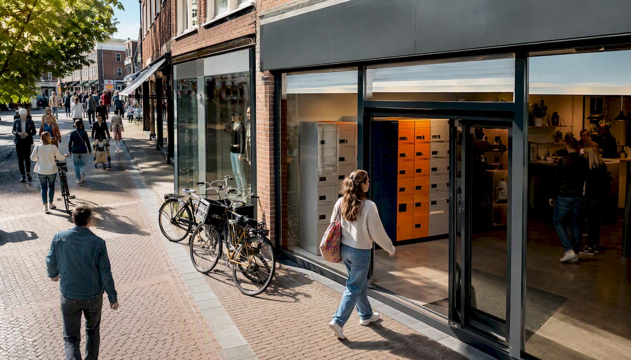 Voorkant van een DPD-pakketpunt waar een klant naar binnen loopt.