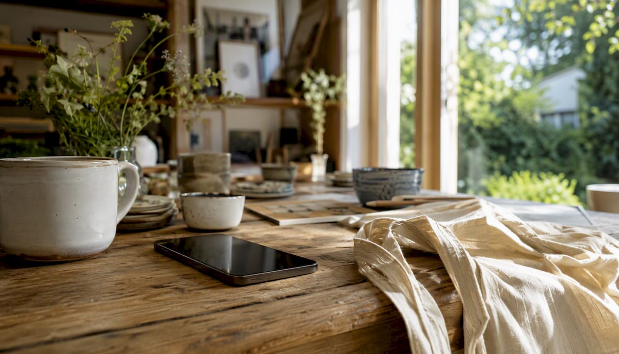 Ambachtelijke handgemaakte spulletjes liggen op tafel, vlak naast een smartphone.