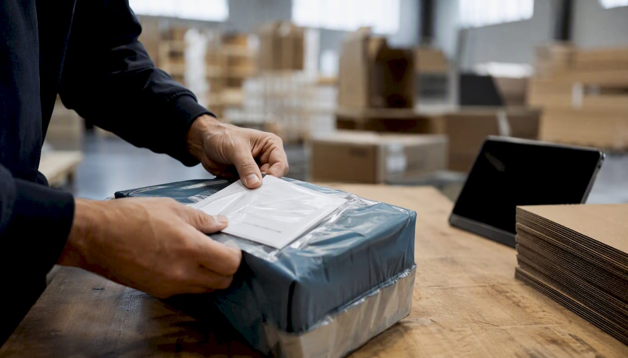 Iemand bekijkt aandachtig het verzendlabel op een pakketje