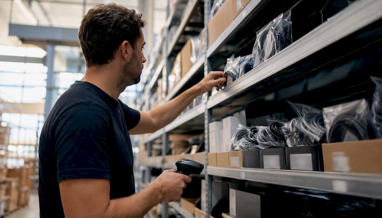 Magazijnmedewerker die elektronische kabels verzamelt voor klantbestellingen