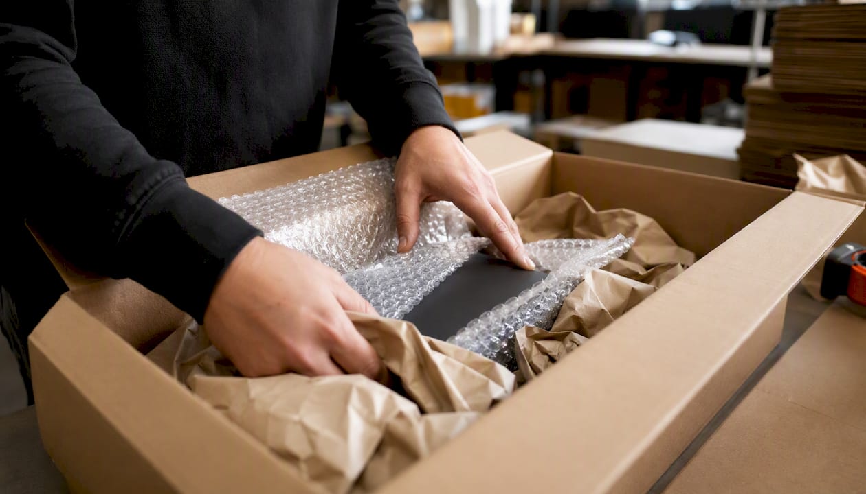 Een paar handen vult een pakket zorgvuldig op met stevig beschermend materiaal, zodat alles veilig aankomt.
