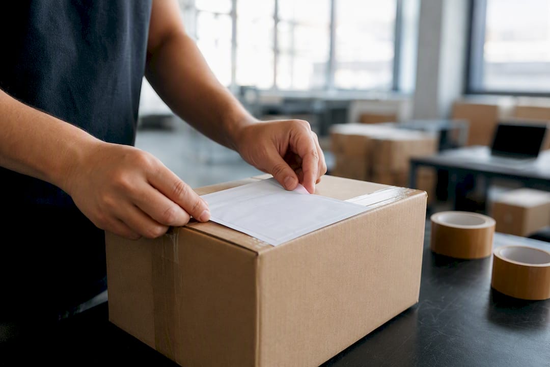 Iemand bevestigt een douaneformulier op een pakket.