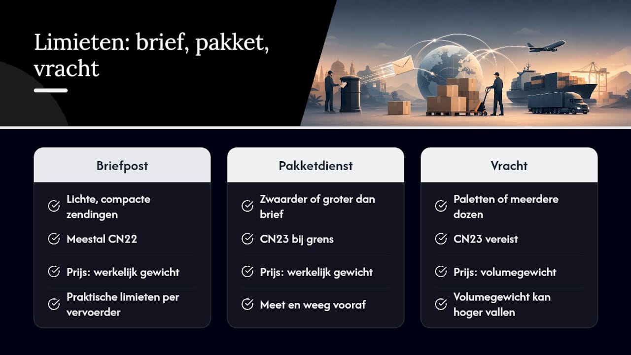 Schema van afmetingen en gewichtsbeperkingen voor internationale verzending