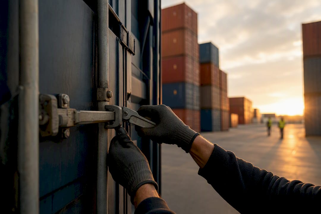 Handen die het slot van een vrachtcontainer dichtmaken