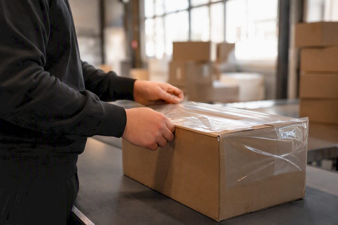 Handen die een pakket inpakken voor verzekering