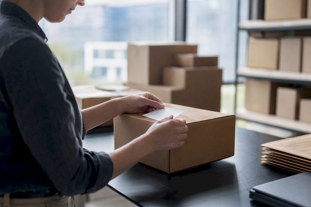 Handen die een label op een pakket plakken voor internationale verzending