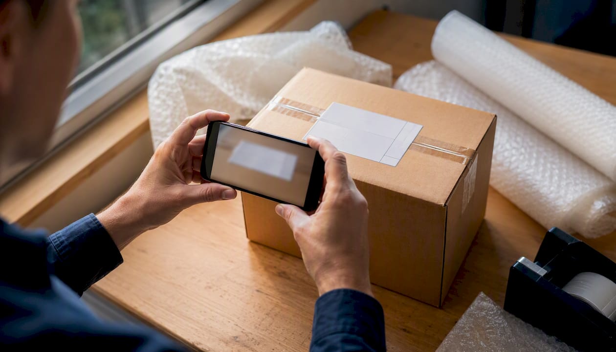 Pakket en label worden gefotografeerd als bewijs van verzending