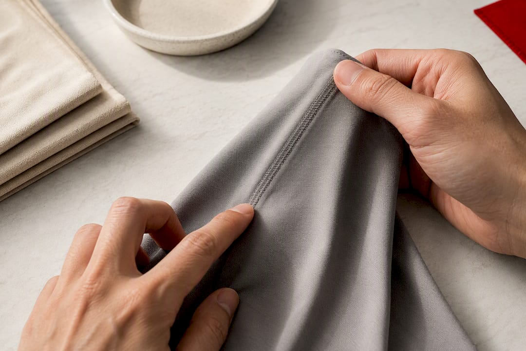 Hands inspecting a smooth flat fabric seam