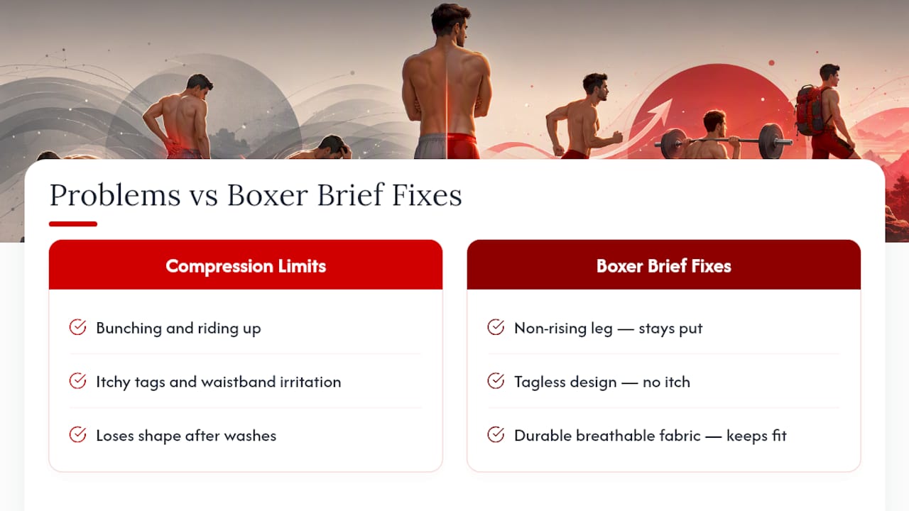 Where Boxer Briefs Solve the Problems Compression Shorts Can't — overview diagram