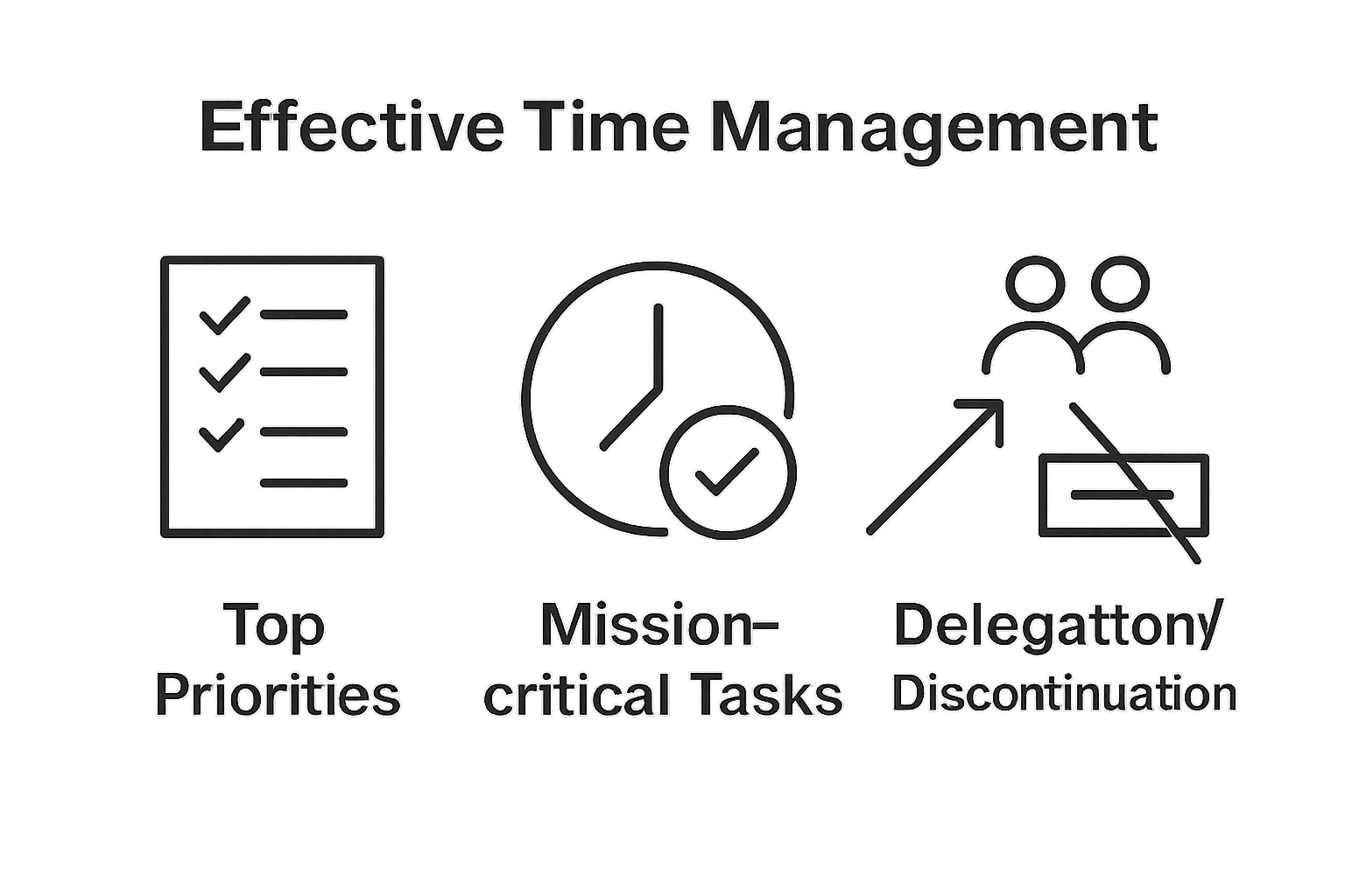 Infographic comparing top priorities, mission-critical tasks, and delegation in time management coaching