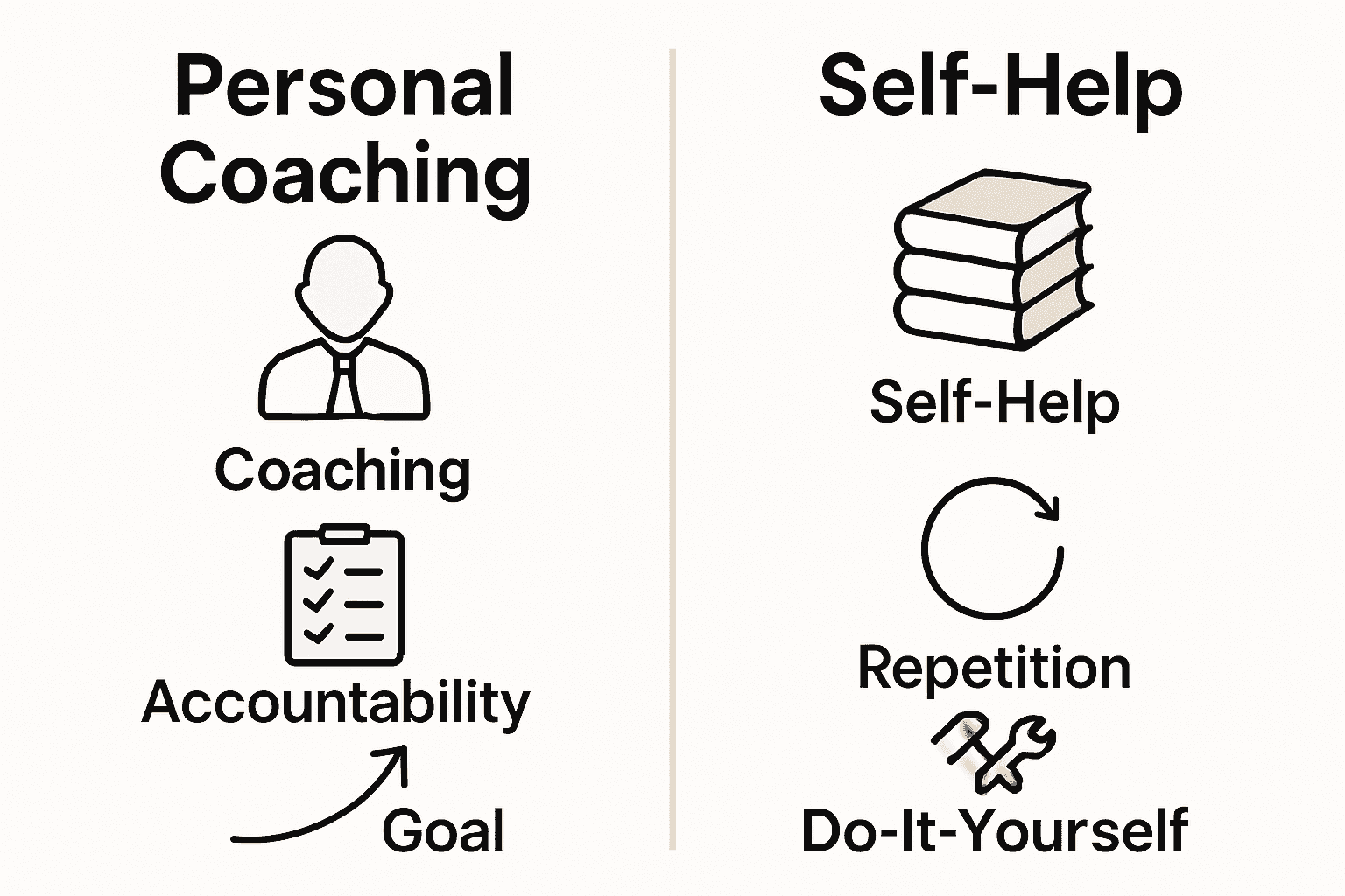 Visual comparison of personal coaching and self-help approaches.
