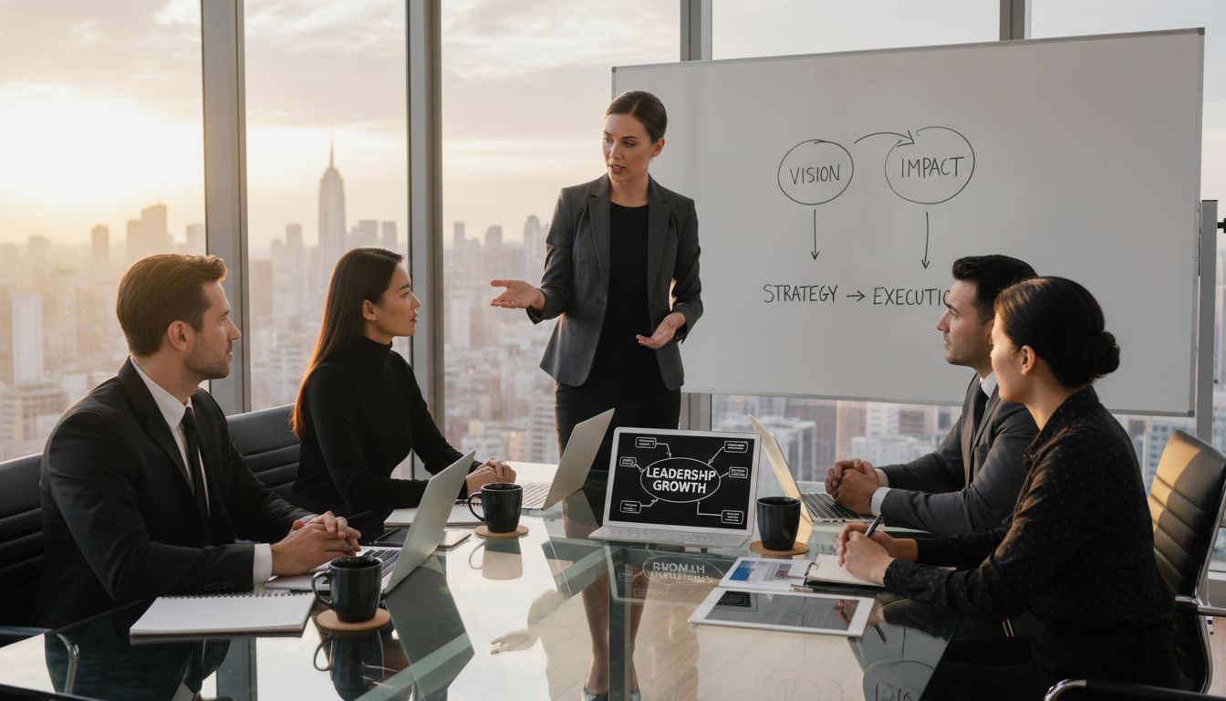 Executive coach guides team in modern office
