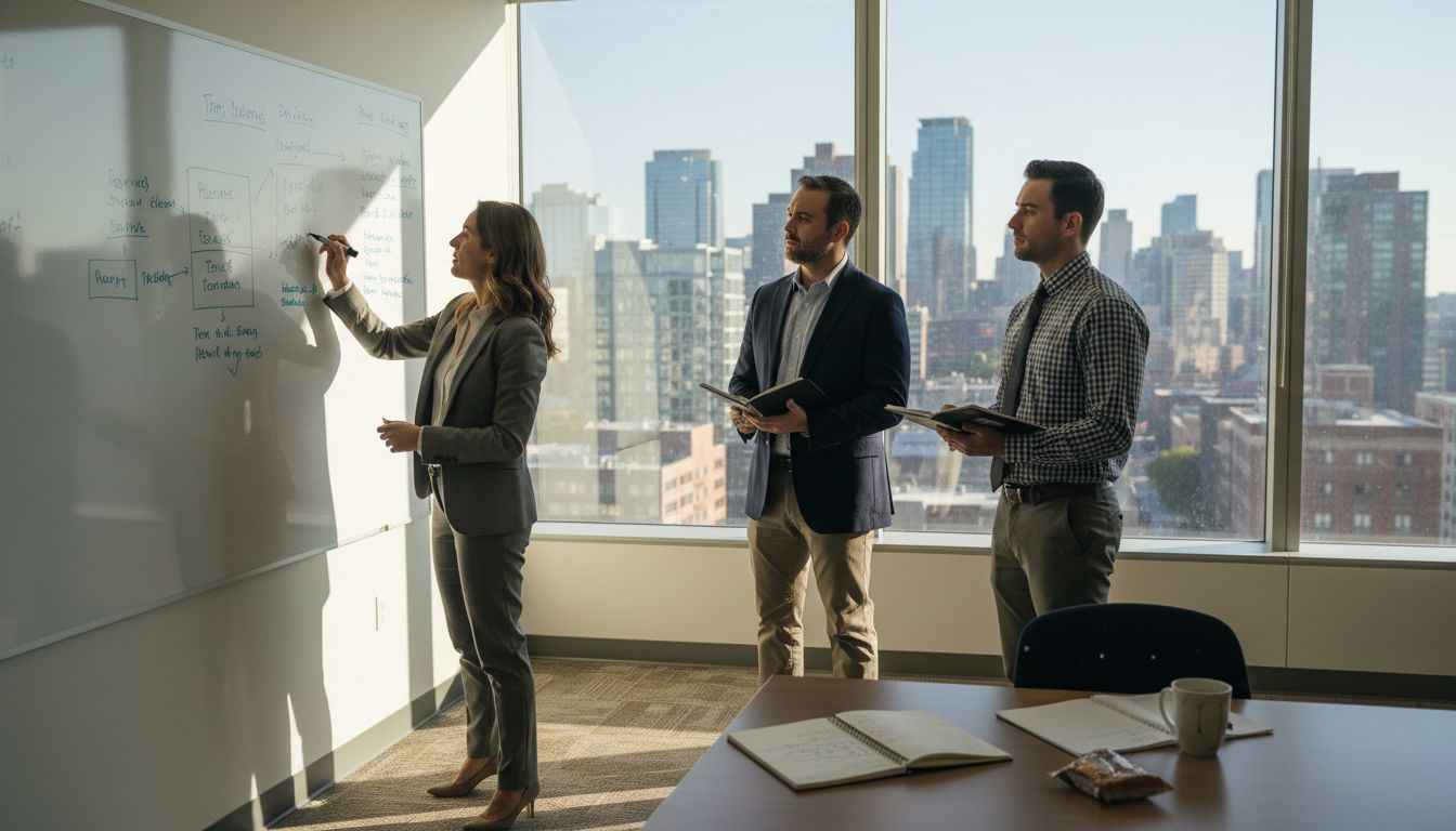 Business coaching session in high-rise office