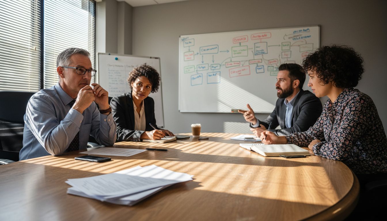 Team discusses coaching methods around table
