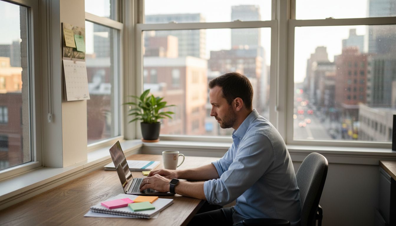 Man working in sunlit corner office workspace