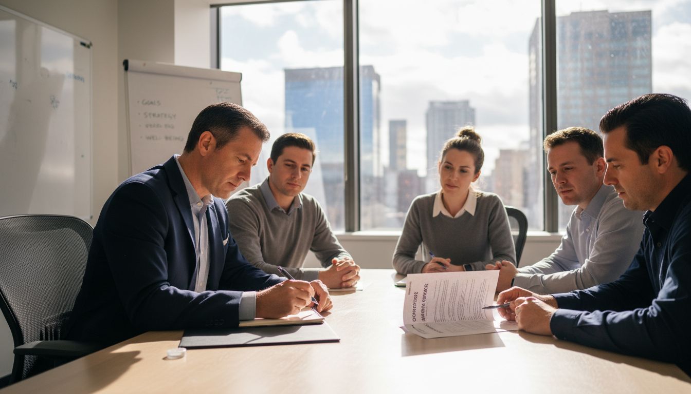 Life coach with team in corner office session