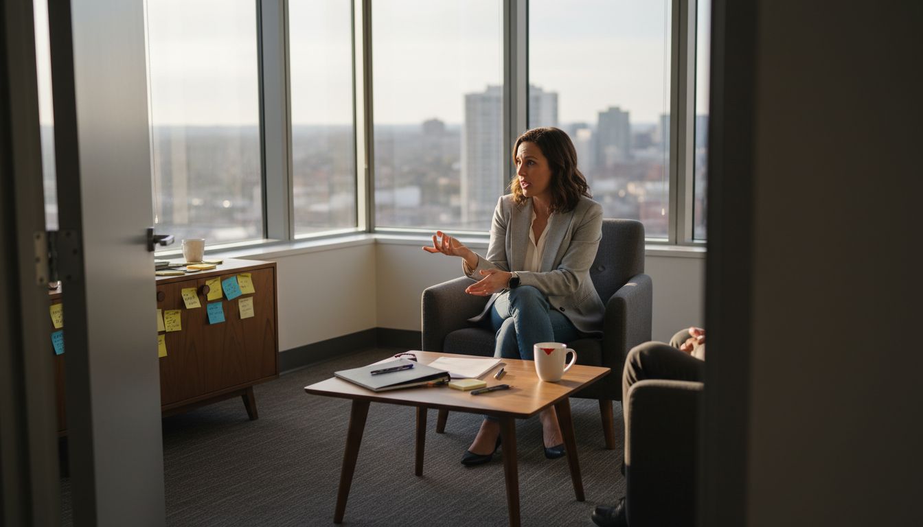 Mindset coach and client talk in corner office