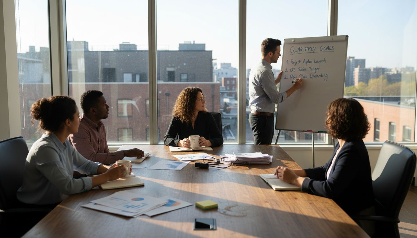 Team working at conference table with goal board