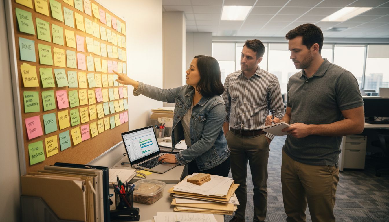 Team reviewing agile board in office