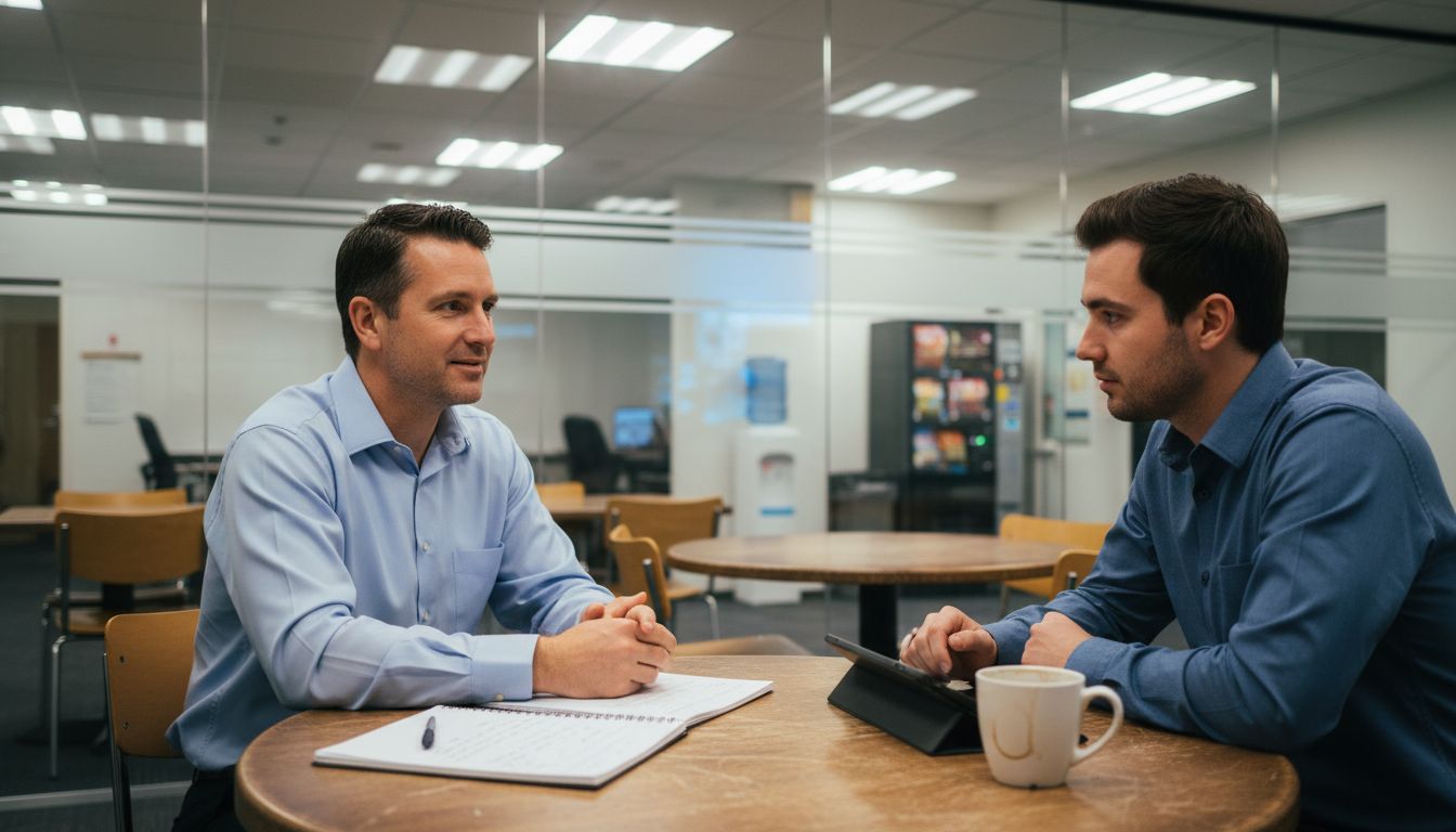 Manager gives coaching in informal break room