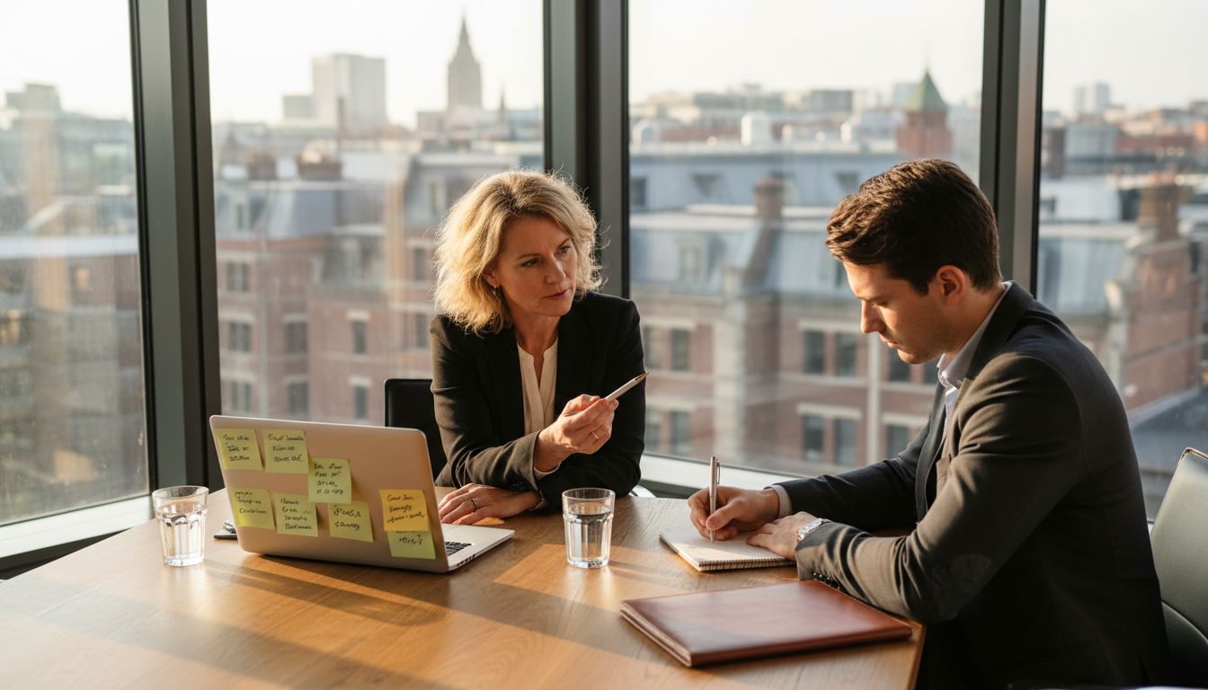 Coach and client meet in sunny office