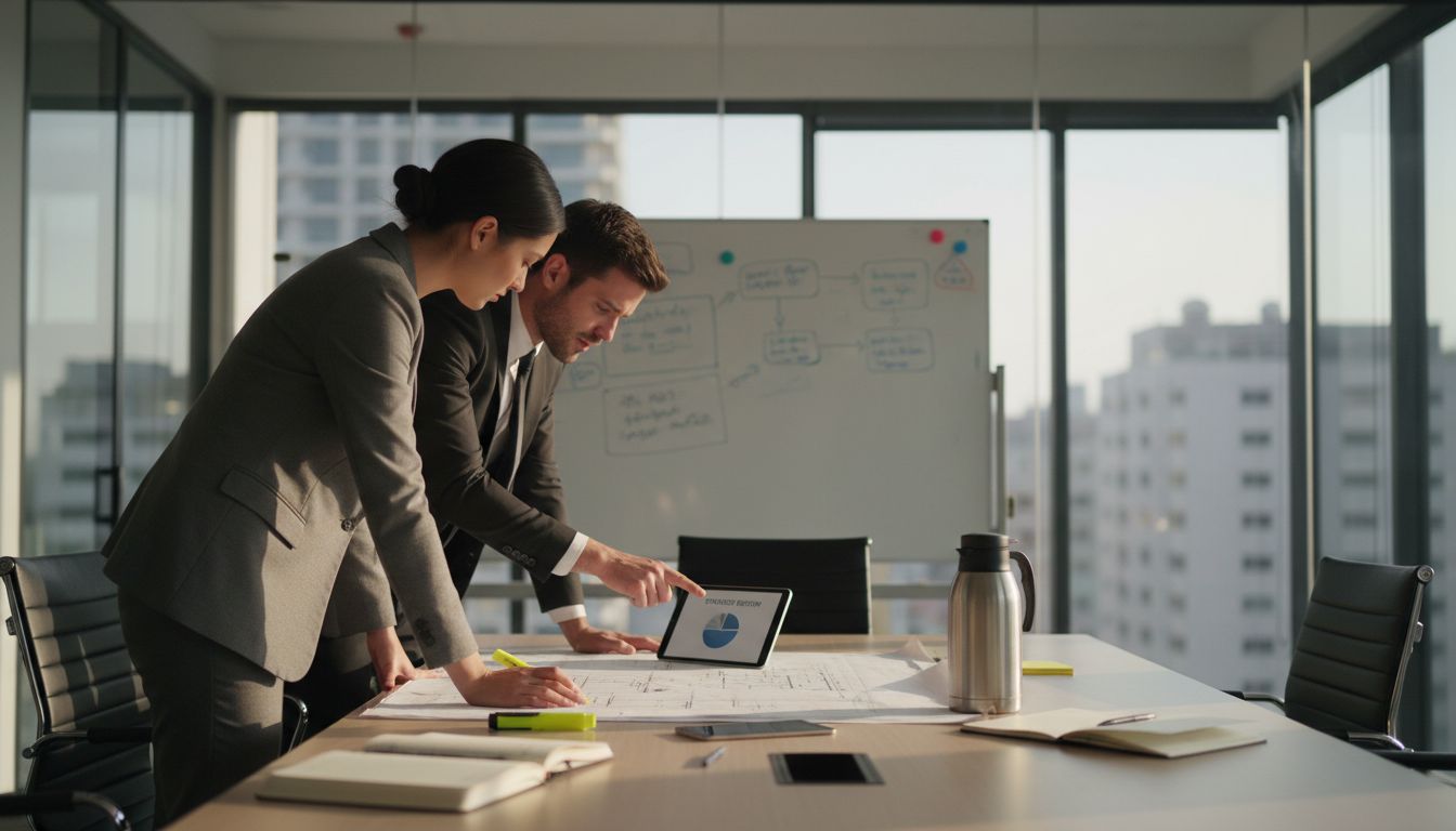 Consultants sharing analysis strategy in boardroom