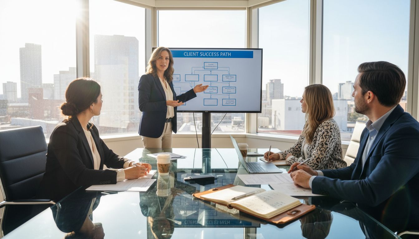 Business coach leading team in corner office