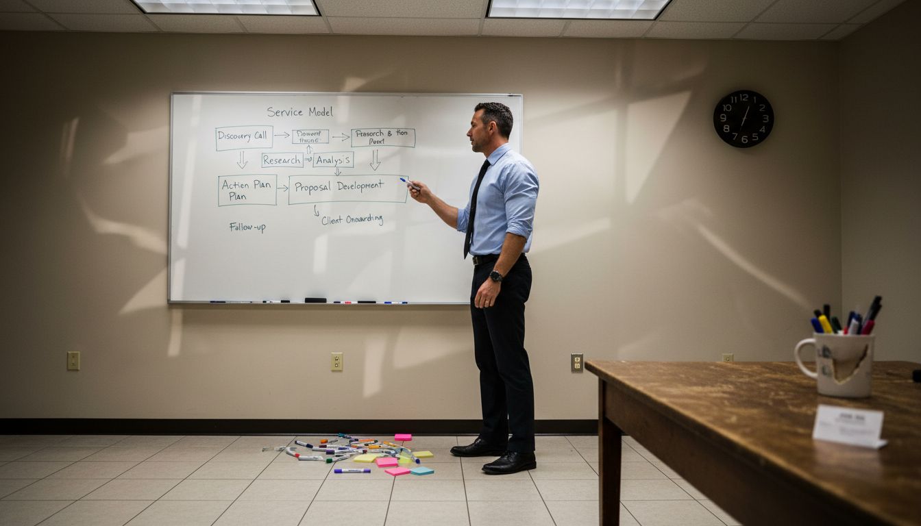 Coach mapping business framework on whiteboard
