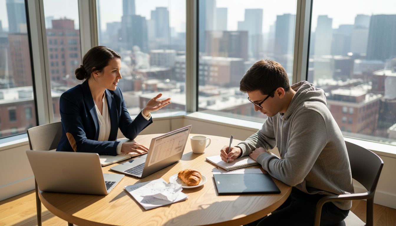 Coach and entrepreneur in sunlit corner office meeting