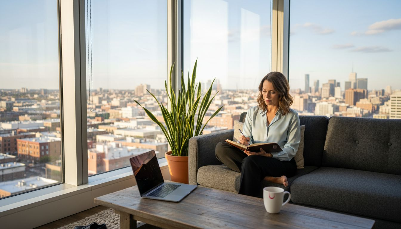 Woman journaling in sunlit office corner