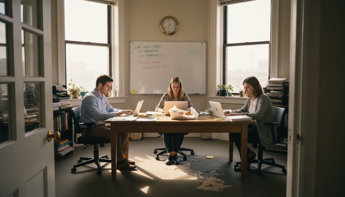 Team collaborating in mid-size corner office