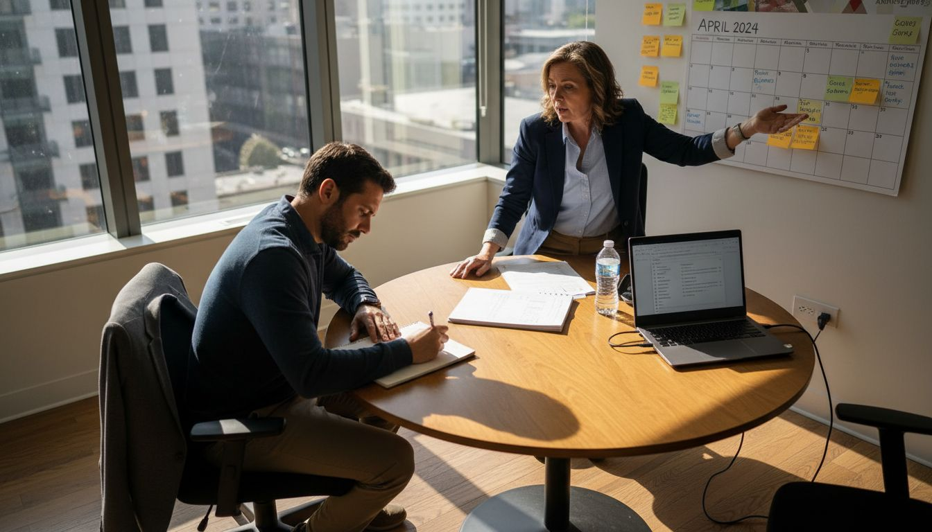 Tech manager and coach in corner office meeting
