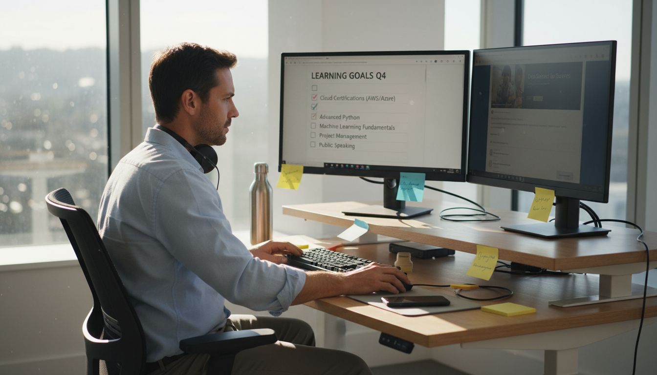 IT professional focused on learning goals at office desk