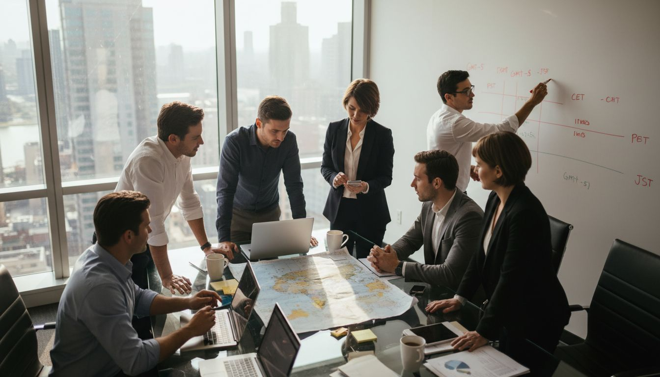 Global team discussing time management in office