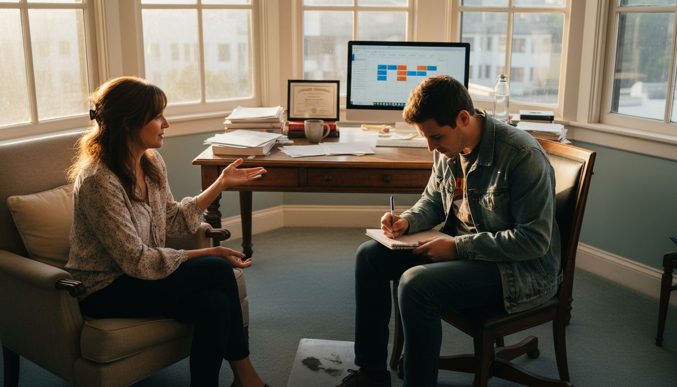 Therapist and client in corner office meeting