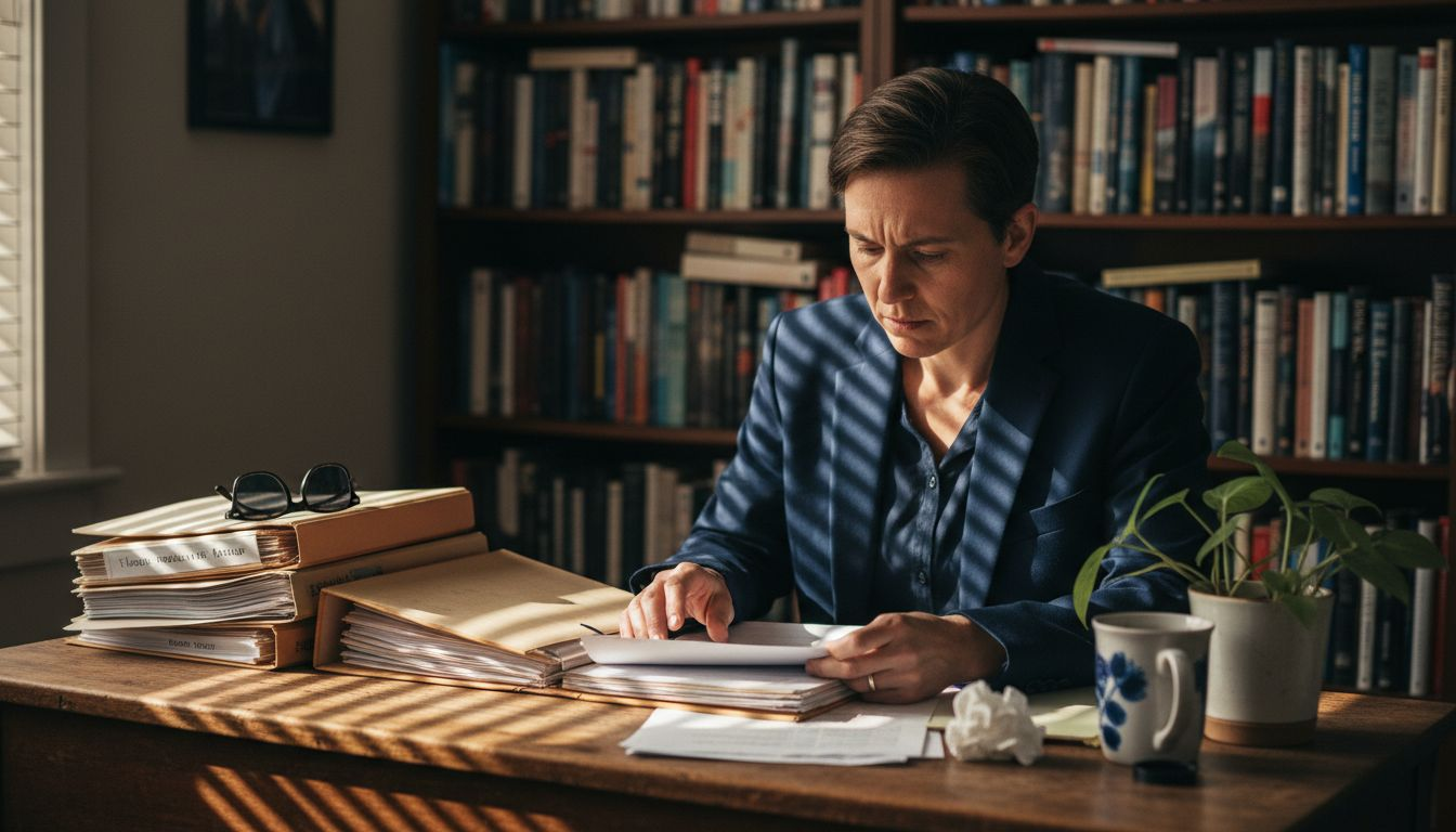 Therapist reviewing documents at cluttered desk