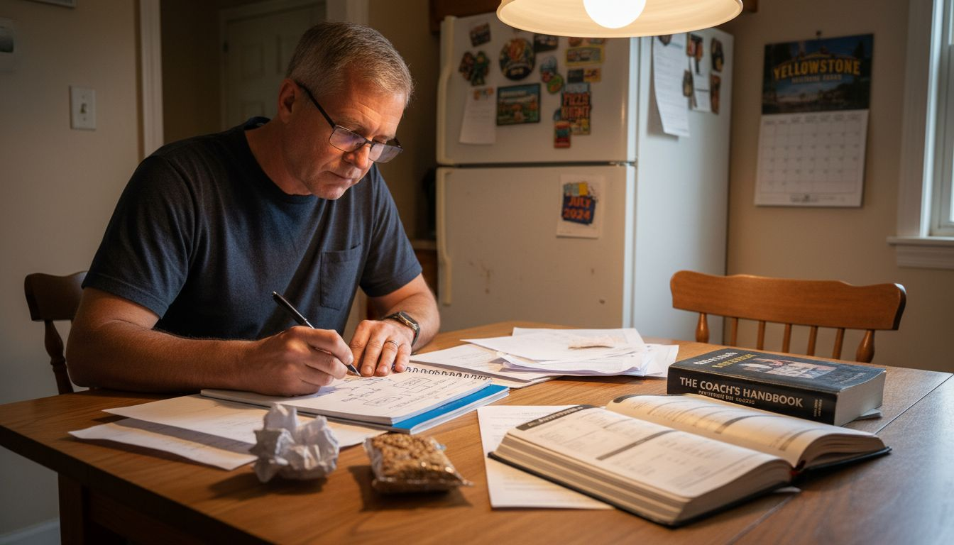 Coach creating process chart at home table