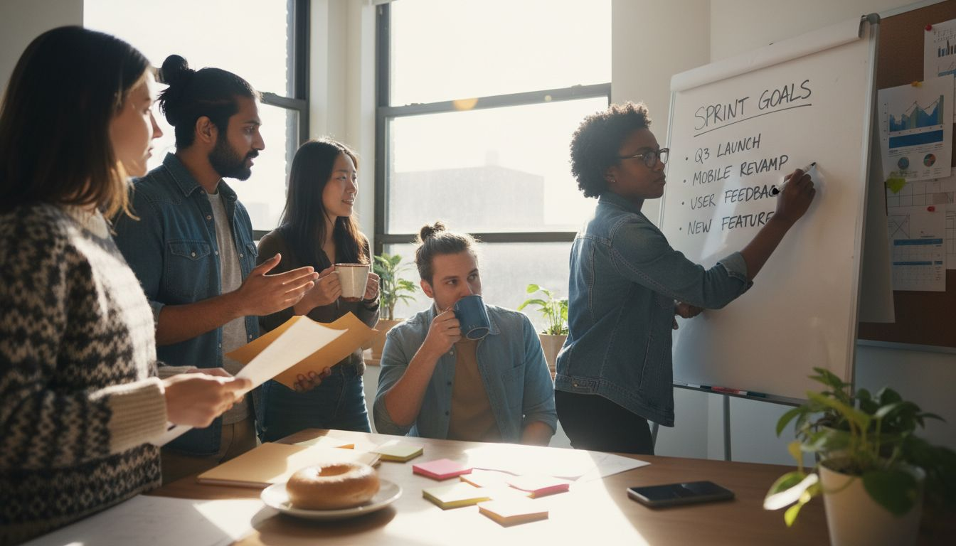 Agile team collaborating around whiteboard