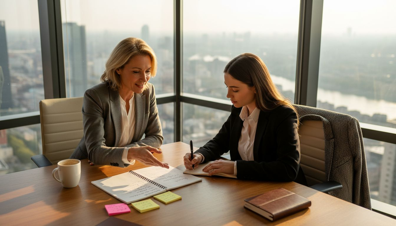 Life coach advising client in sunlit office