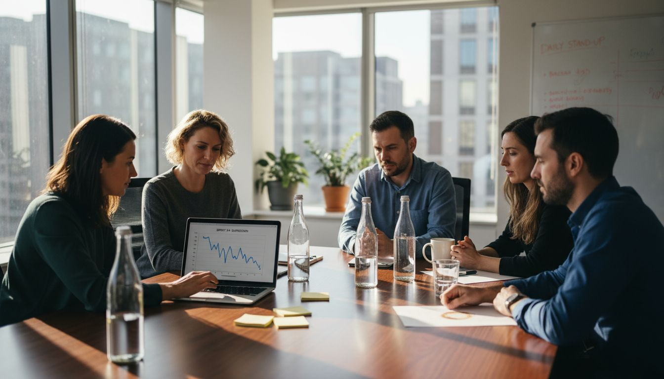 Agile team reviewing metrics in office